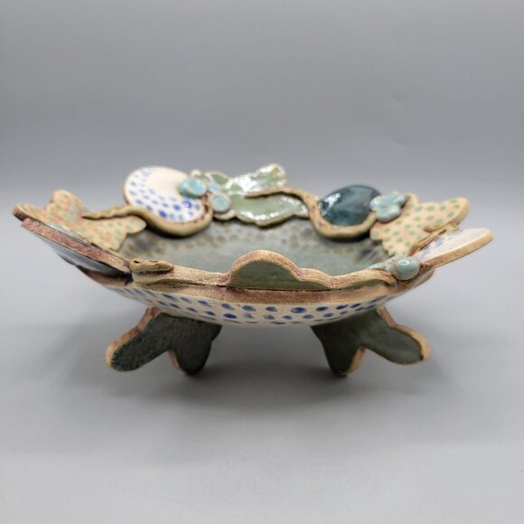 Handcrafted Studio Pottery Decorative Bowl Snake Details Footed One of a Kind - Picture 2 of 8